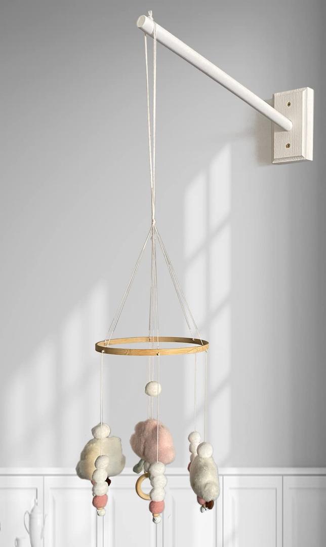 Mobile Wooden Arm, Wall Mounted Suitable for All Cribs 100% Natural Larch Hanger Nusery Decor Baby Room Safe Holder (White)