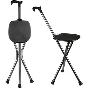 Hold 440 lbs Folding Canes with Seat Walking Stick Height Adjustment Cane Seat Capacity Frosted Handle with Magnetic Therapy Stone Crutches Stool (Square Black)