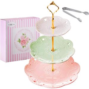 Jusalpha 3-Tier Multi Color Ceramic Serving Stand,Cake Stand-Dessert Stand-Cupcake Stand-Tea Party Serving Platter (3 Color-Gold)
