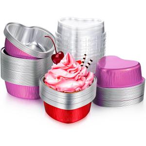 Honeydak 100 Sets Heart Baking Pan Heart Shaped Cake Pan Mini Aluminum Foil 3.4oz Disposable Cupcake Tin with Lids for Wedding Mother's Day Party(Simple Style,Red, Rose Red)