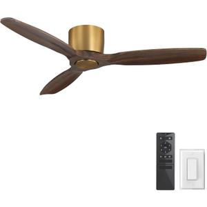 WINGBO 48" Flush Mount Ceiling Fan No Light - 3 Carved Solid Wood Blades, 6-Speed Reversible DC Motor, Dimmable, 3CCT, Low Profile Ceiling Fans without Lights for Bedroom Living Room, Gold and Walnut