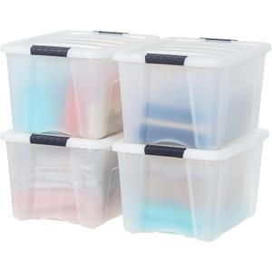 IRIS USA 40 Qt Stackable Plastic Storage Bins , 4 Pack - BPA-Free, Made in USA - Discreet Organizing Solution, Latches, Durable Nestable Containers, Secure Pull Handle - Pearl