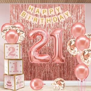 21st Birthday Decorations for Her,Happy 21st Birthday Decorations for Women Rose Gold 21 Boxes Decor for Girls Pink Rose Gold Foil Number Balloons Party Supplies Tassel Curtain