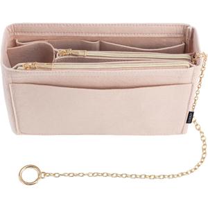 Purse Organizer Insert, Handbag Organizer with Zipper, Tote Shaper with Cup Holder & Keychain, Compatible with LV, Neverfull, MK, COACH, Longchamp, Kate Spade Khaki-Sl. Med