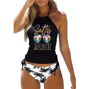 Women Salty Beach with Sunglasses Halter Tankini Set Summer Two-Piece Set Funny Drawstring Patriotic Graphic Swimwear(M, Black-6)