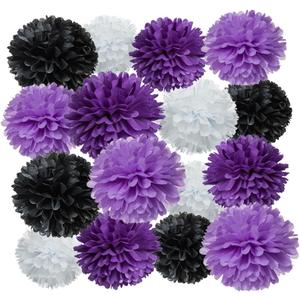 AWELL Purple Black White and Lavender Paper Pom Poms Tissue Flower for Birthday Graduation Retirement Halloween Party Decoration, 16 Counts