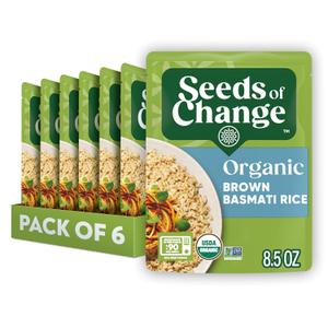 SEEDS OF CHANGE Certified Organic Brown Basmati Rice, Organic Food, 8.5 OZ Pouch (Pack of 6) BBD: 04/26