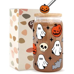 Halloween Gifts for Women Halloween Pumpkin Ghost Iced Coffee Cup Gift for Women Men Kids Teen Adults Spooky Pumpkin Glass Tumbler 16oz Glass Tumbler with Lid and Straw
