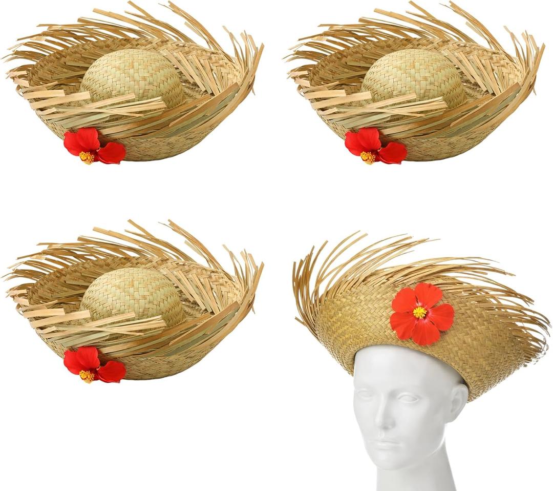 Cuffbow 4 Pcs Hawaii Straw Hat Pava Hat Puerto Rico Hibiscus Beachcomber Panama Cap Hawaiian Luau Farmer Cap Sombrero Headwear for Summer Pool Party Props Accessories(Natural)
