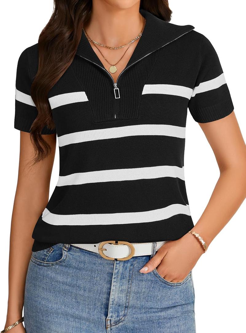 Vrtige Women's Quarter Zip Ribbed Knit Stripe Short Sleeve Sweater (S)