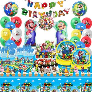189 PCS Mario Birthday Party Supplies, Party Decorations Includes Balloons, Film Balloons, Plates, Cups, Banners, Knives, Forks, Spoons, Napkins, Stickers, Cake Topper, Cupcake Toppers, Tablecloth