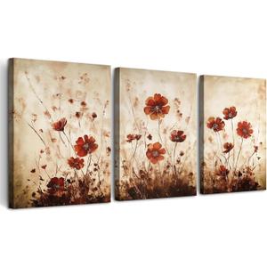 TTHYUEWS Boho Wall Decor for Bedroom Canvas Wall Art for Living Room Office Decorations Flowers Wall Pictures Watercolour Paintings Artwork Modern Aesthetic Bathroom Home Decor 3 Piece Ready To Hang