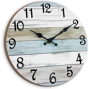 CHYLIN Wall Clock 12-Inch Bathroom Clock, Rustic Battery-Operated Wall Clocks, Silent Non-Ticking Wooden Coastal Beach Clock for Kitchen, Living Room, Bedroom (White) (12 Inch, B-white, brown, blue)