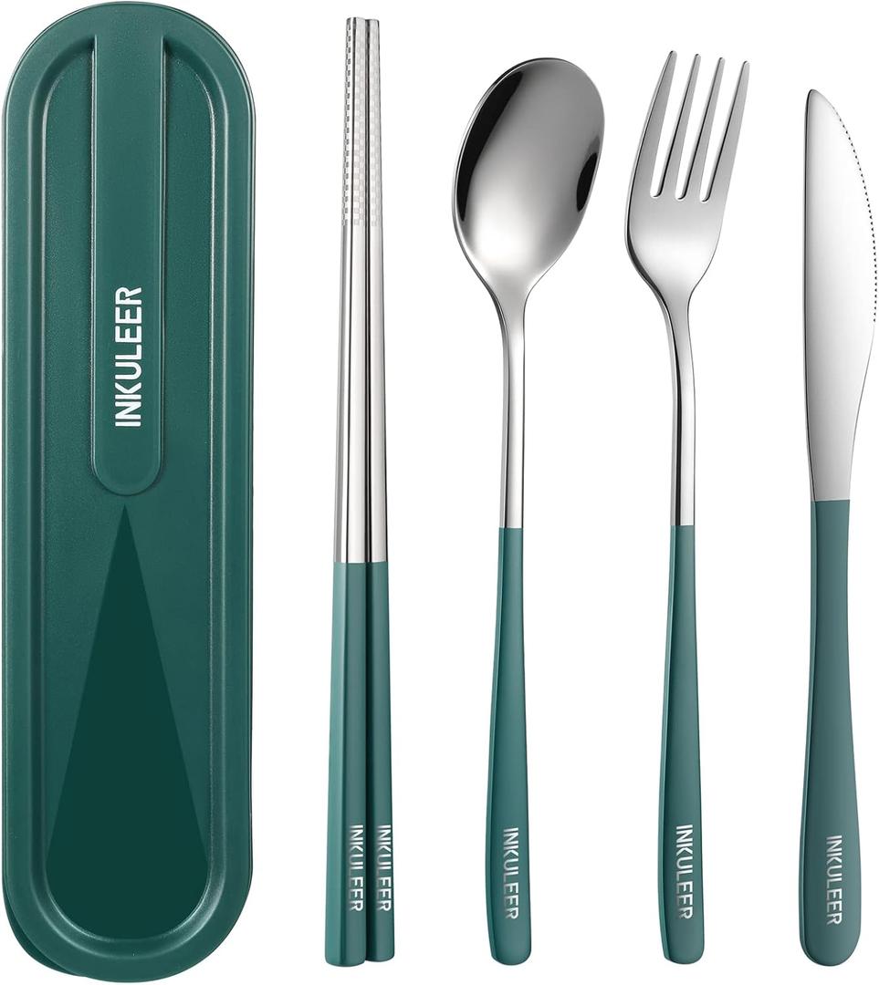 Travel cutlery set, 18/8 stainless steel cutlery, Reusable utensils set with case, Portable Silverware Lunch Box for Camping and Office (Green/knife set)