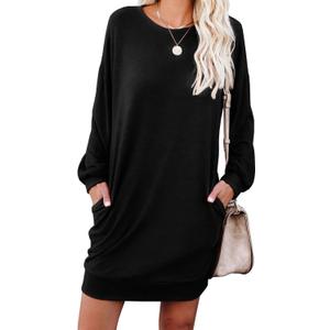 PrinStory Women's Long Sleeves Dresses Causal Loose Round-Neck Tuinc Tops Basic Dress with Side Pockets (Large, A01 Black)