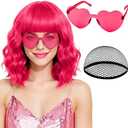 PLULON Hot Pink Wavy Bob Wig with Bangs Heart Sunglasses for Women, Colored Neon Funny Curly Bob Wigs with Hair Cap Synthetic Hair for Music Festival Clubs Carnival Bachelorette Cosplay Costume Party