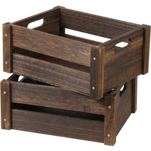 Wooden Crates 2 Pack, Rustic Handmade Wood Crate with Handles, Durable Medium Wooden Crates for Display & Decor, Brown (13.8"x10.8"x5.9")
