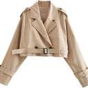 Womens Cropped Bike Jacket Casual Double Breasted Trench Coat with Belt Khaki  M