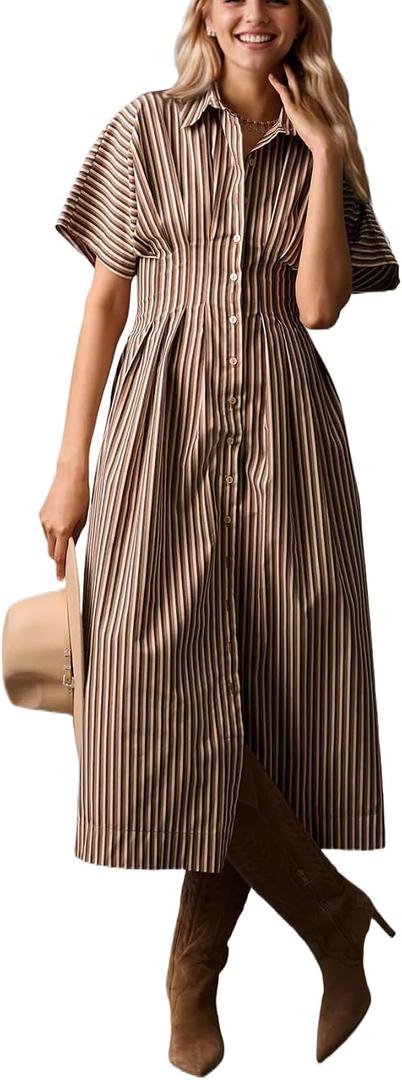 calbatic Women Striped Button Down Pleated Shirt Dress Summer Short Sleeve Ruffle A Line Swing Long Blouse Midi Long Dress (XL)