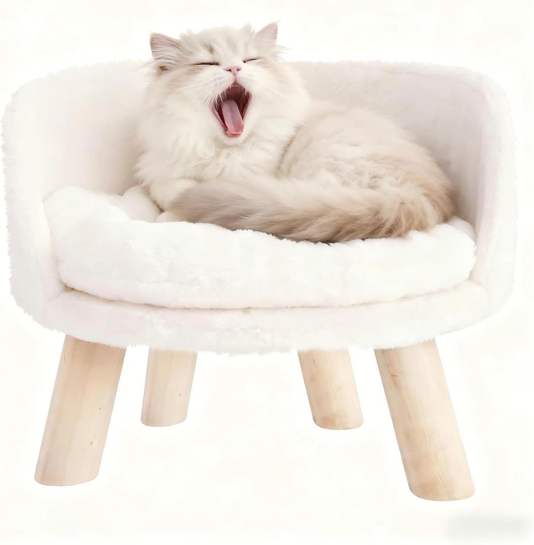 BingoPaw Elevated Pet Bed,Nordic Cat Stool with Cozy Pad Waterproof,Doggie Chair with Sturdy Wood Legs for Small Dog Kitten (Round - 14"(dia)x13")