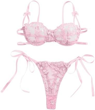 Lilosy Sexy Tie Side Cute Underwire Push Up Strappy Embroidered Mesh Sheer Lingerie Set, S