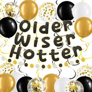 TaoBary 27 Pcs Birthday Party Decoration Pre Strung Older Wiser Hotter Glitter Banner Hanging Garland Balloon for Man Women 30th 40th 50th 60th 70th 80th Birthday Party Sign(Rose Gold/Gold/Milky)
