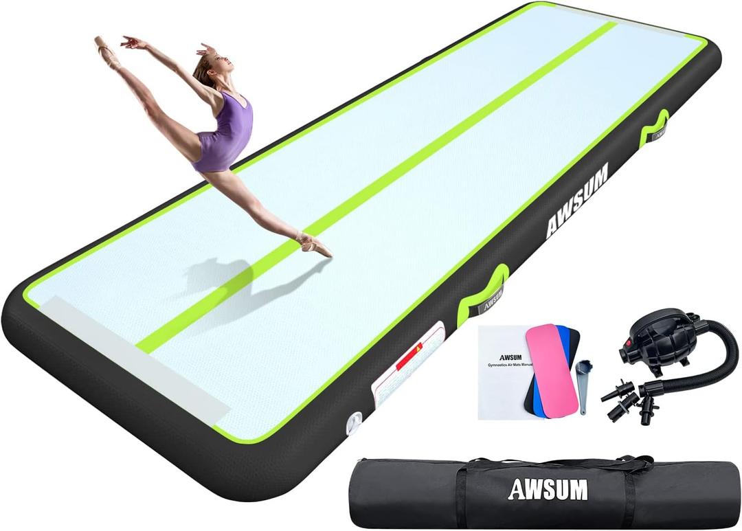 AWSUM Inflatable Air Gymnastics Mat 10ft/13ft/16ft/20ft/23ft Training mat 4/8 inches Thick tumbling mat with Electric Pump for Home/Gym/Outdoor (6.6ft*3.3ft*4in(2*1*0.1M), Grass Green/Black)