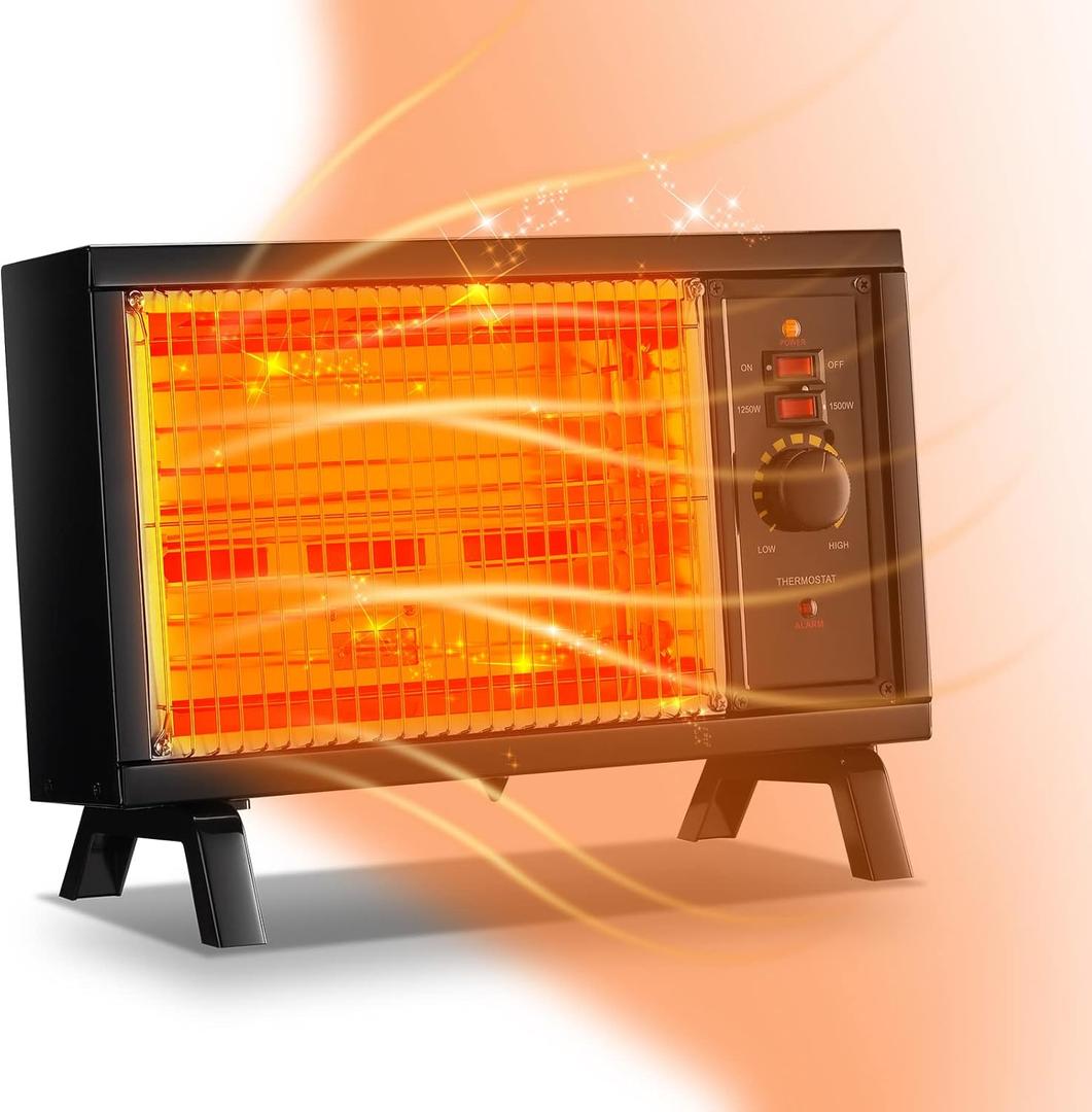 JASUN Portable Space Heater Electric Radiant Heater Fast Heating with Adjustable Thermostat, Portable Indoor Heater with Handle Quiet Energy-Saving 1250W/1500W for Office Home Garage Bedroom Black