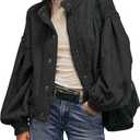 Cardigan Jacket for Women Loose Fit Ribbed Knit Trim Casual Jacket Shacket with Pockets (Large, Black)