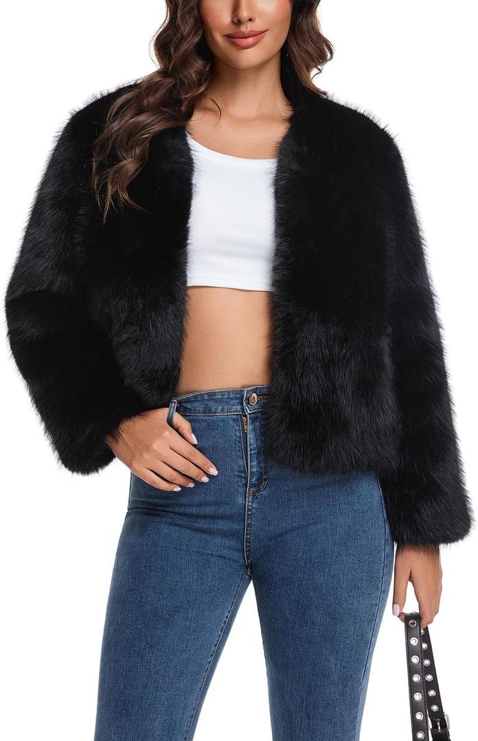 HOOD CREW Womens Fashion Cropped Faux Fur Jackets Long Sleeve Fluffy Winter Coats Casual Cardigan Outerwear Short Coat (Small, Black)
