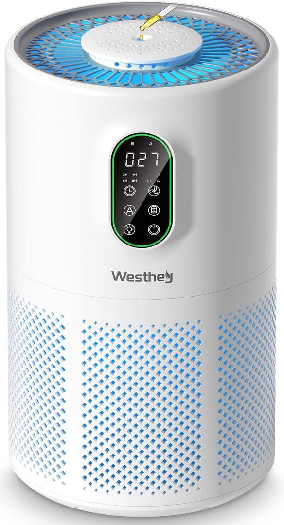 Air Purifiers for Home Large Room up to 1650 ft, WESTHEY H13 True HEPA Air Purifier for Bedroom with Night Light, Air Quality Monitor, Fragrance Sponge, Air Cleaner for Wildfire Smoke Dander Dust (White)