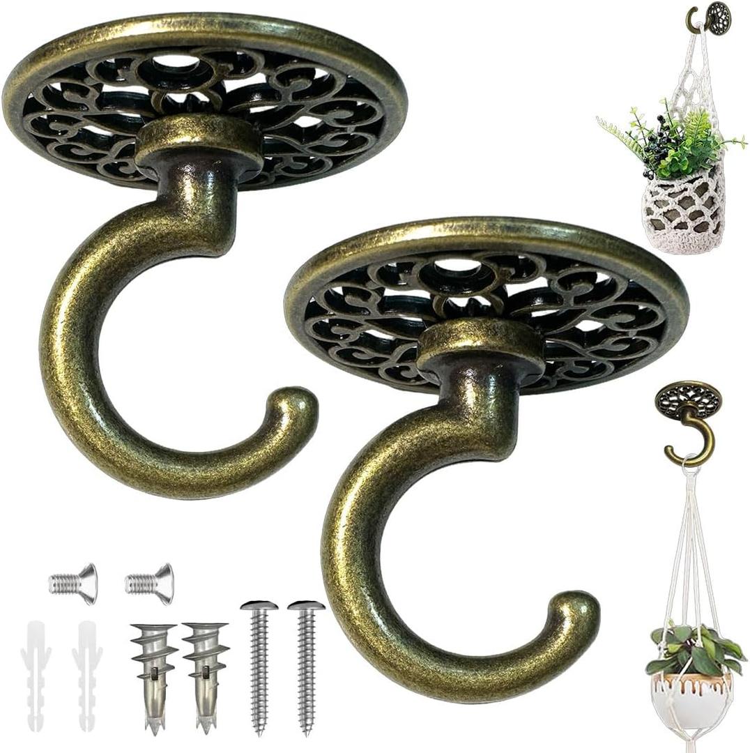 Heavy Duty Ceiling & Wall Hook for Hanging Plants  Holds Up to 50 lbs   Includes All Mounting Hardware for Drywall, Wood, Cement (2, Antique Brass)