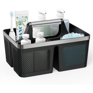 BYUNER Black Shower Caddy Portable: Plastic Bathroom Caddy Organizer with Handle and Holes, Cleaning Caddy, Hard Shower Basket Storage Tote for Toiletry, College Dorm Room Essentials for Men