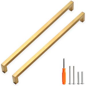 Cabinet Pulls Gold Cabinet Handles Square Drawer Pulls, 5 Pack 13-4/5 Inch Stainless Steel Kitchen Door Cupboard Cabinet Handles, Drawer Cabinet Hardware Handles, 352mm Hole Centers