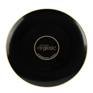Organic Black & Gold Rim Plates 120 Count - 9" Elegant Disposable Plastic Dinner Plates for Parties & Gatherings