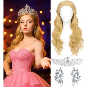 Swooflia Blonde Wavy Wig for Women & Cosplay Accessories - Convenient Set Includes Adjustable Wig Cap, Crown, Earings, Cosplay Wig for Halloween, Costume, Party and Daily Use (Wig2-19)