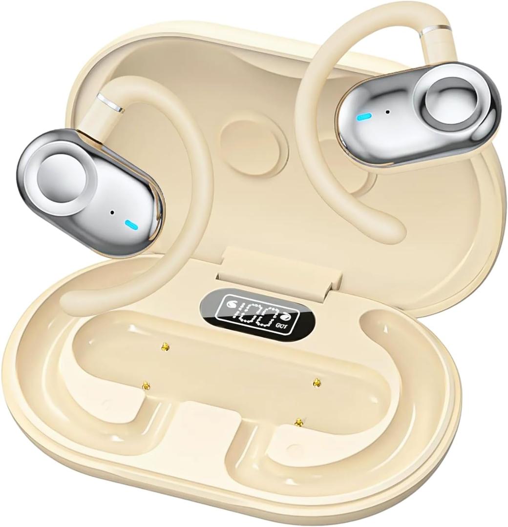 Open Ear Earbuds, Open Ear Headphones with 16mm Speakers, Bluetooth 5.4 Wireless, Biaxial Rotation, Lightweight, 20H Playtime, Over Ear Bluetooth Headphones for Running, Workout, IPX5 Waterproof (Ivory White)