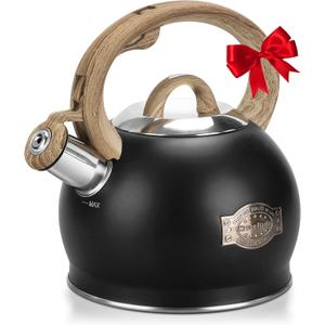 Tea Kettle, 2.1 Quart Loud Whistle Stovetop Teapot, Black Teapot Food Grade Stainless Steel with Wood Pattern Handle, Unique Button Control Kettle Outlet for Tea, Coffee, Milk