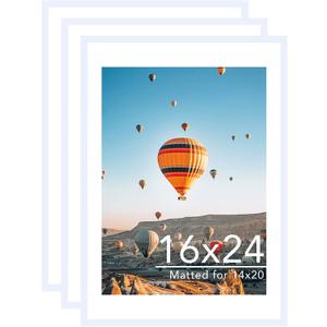 JCJMY 16x24 Picture Frame with Mat for Poster Photo and 40x60 cm Canvas, Display 14x20 with Mat or 16 x 24 without, Wood 16 by 24 Wall Gallery Poster Photo Frame, 3 Pack, White