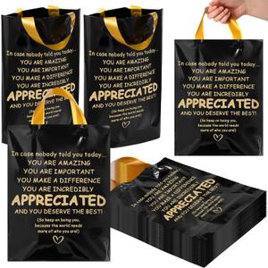Kolldenn 50 Pcs Graduation/thank You Gifts Bags Employee Appreciation Goodie Bags with Handles Congrats Grad Reusable Plastic Party Favors for Gift Wrapping(Black Gold,Appreciated)