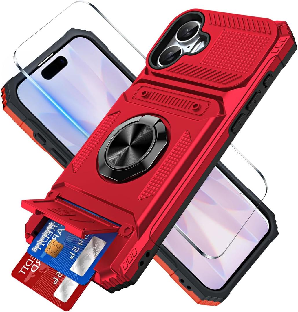 for iPhone 17 Wallet Case with Card Holder + 1 Screen Protector, (2 Cards) & 360Ring Kickstand Military Grade Drop Shockproof Rugged Case for iPhone 17 6.3" 2025 (Red)