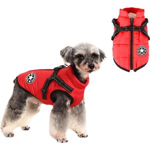 HDKUW Small Dog Jacket, Small Dog Coat Harness Winter Warm Vest Jacket Waterproof Cotton Costume for Puppy Small Dogs (S, Red) (S:Chest Girth 12"-14", Back Length 8.6")