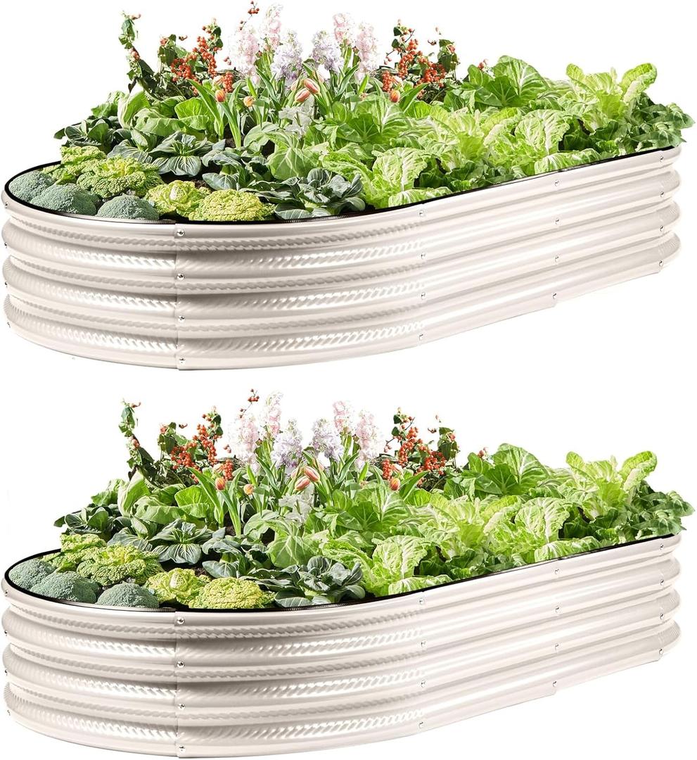 2 Pack Raised Garden Bed Kits, 4x2x1FT White Oval Galvanized Outdoor Planter Beds, Easy Assembly Metal Raised Bed for Vegetables, Flowers & Herbs