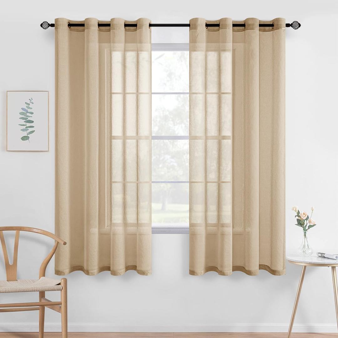 MIULEE 2 Panels Beige Khaki Sheer Window Curtains Elegant Grommet Top Window Voile Drapes/Treatment Linen Textured Panels for Bedroom Living Room (54X63 Inches)