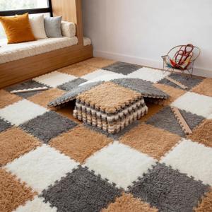 Tinideya 16 Pcs Plush Interlocking Carpet Tiles 12"x12" Puzzle Carpet Squares Washable Non-slip Soft Foam Plush Floor Tile for Playroom Nursery Bedroom Living Room, 49 x 49'' Area (Brown, Gray, Beige)