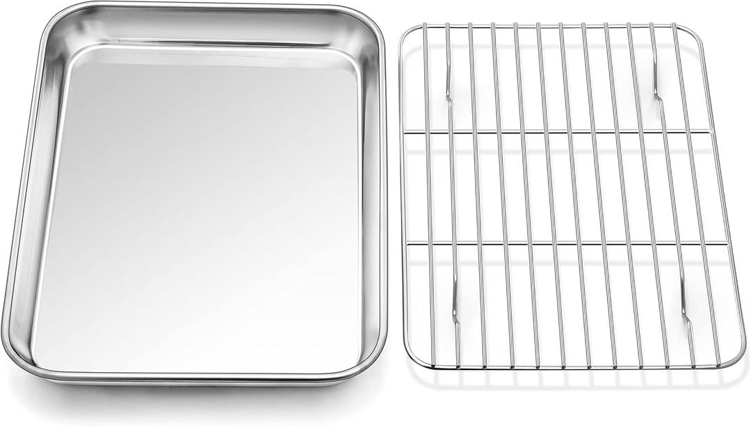 P&P CHEF 10.4 Inch Baking Sheet Pan with Rack Set, Stainless Steel Cookie Sheet Pan Tray with Cooling Rack for Oven Use, Cooking Roasting, Non Toxic & Dishwasher Safe, Heavy Duty