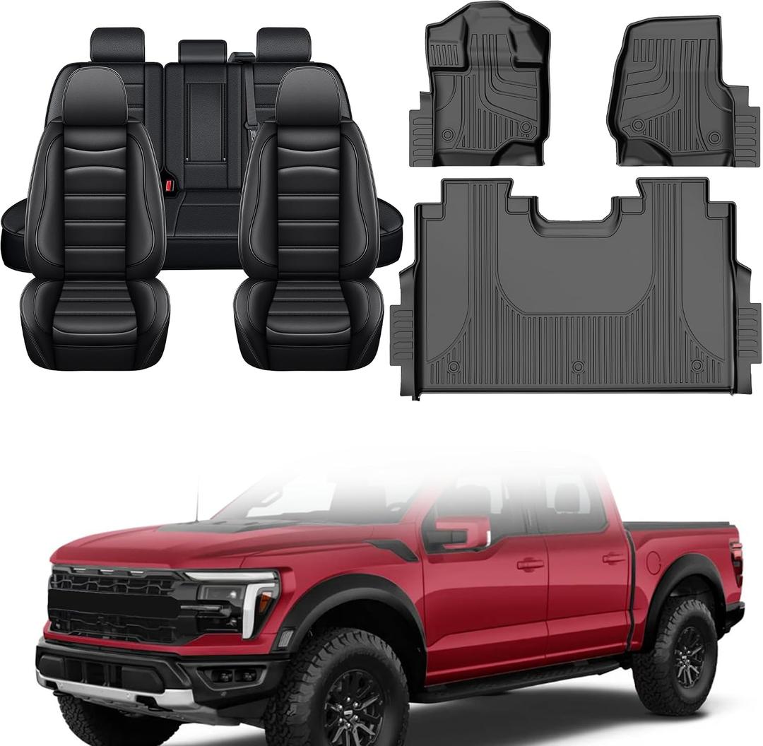 IKABEVEM Seat Covers & Original Floor Mats Set Fit for Ford F150 / F-150 Lightning 2015-2026 Super Crew Cab (Not Fit Rear Seat with Under-Seat Fold Flat Storage Model)