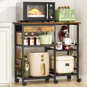 Microwave Stand, 6-Tier Microwave Cart with Wheels & Adjustable Shelf, Coffee Bar Table Station, Rolling Storage Cart Organizer Shelf for Living Room, Kitchen Island, Office, Rustic Brown