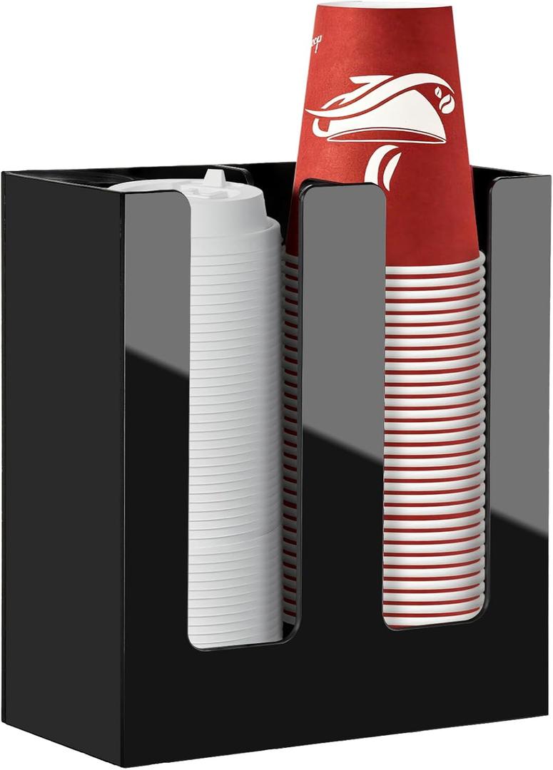 MYITYARD Coffee Cup Holder, Cup and Lid Organizer fits 5 to 16 oz Disposable Paper & Plastic Cups, Cup Dispenser Countertop, Acrylic Cup Storage for Home, Kitchen, Office (2 Compartment)
