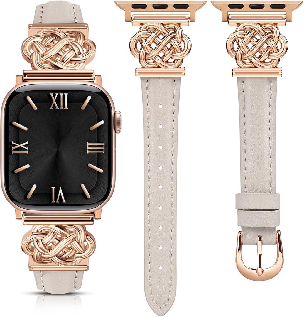 Minyee Celtic Knot Leather Band Compatible with Apple Watch Band 41/40/38/44/45/46/49/42mm Women, Slim Thin Dressy Premium Leather Adjustable Strap for iWatch Series 11 10 9 8 7 6 5 4 SE/Ultra 3 2 1 (Starlight/Rose Gold)